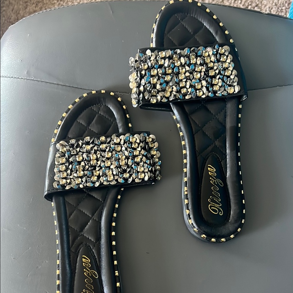 Embellished Black Slide Sandals